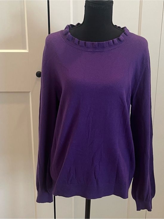 Talbots Sweaters - Talbots Women's Purple Ruffle-Trim Crew Neck Sweater Cotton/Wool Blend Fall Sz M